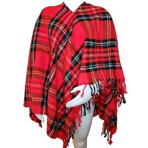 Vintage Fringe Poncho Red Tartan Plaid Wearable Stadium Blanket Washable 70s USA